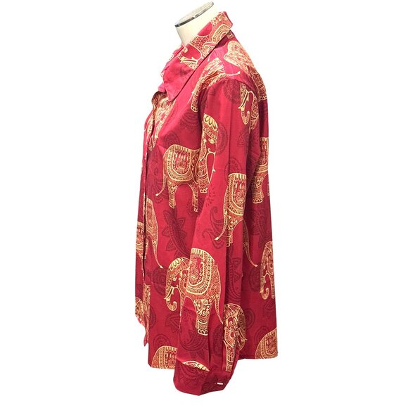 CCC Vintage Red Elephant Print Long Sleeve Button Up Shirt Stylish Travel India - Picture 2 of 8
